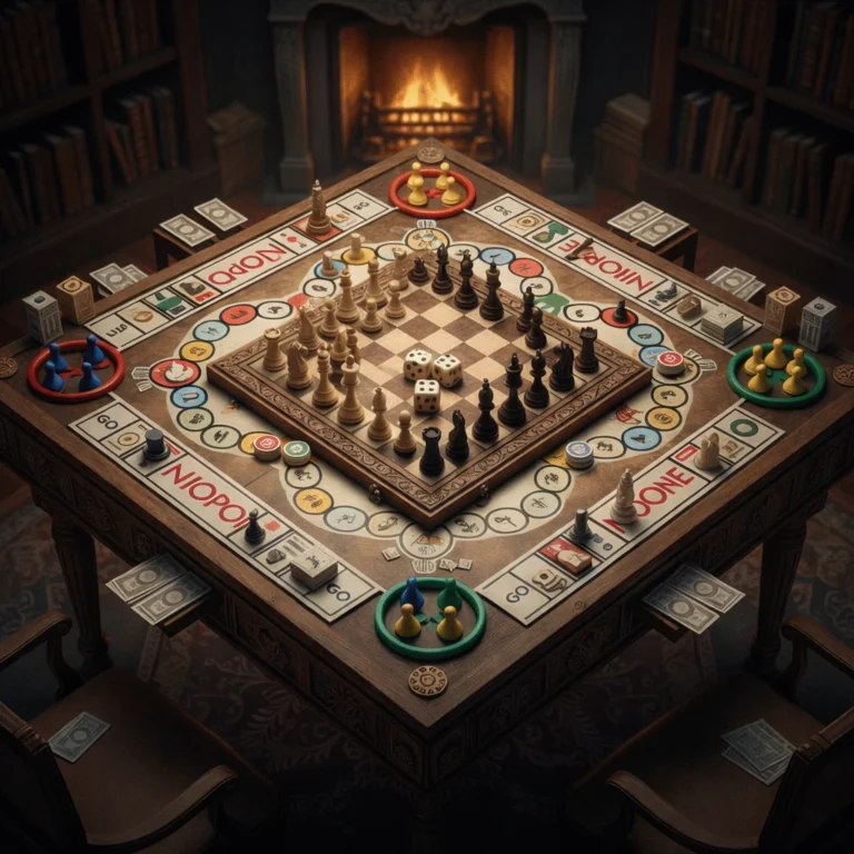 Tablero con ajedrez, parchís, oca y otros juegos de mesa de la temporada promocional